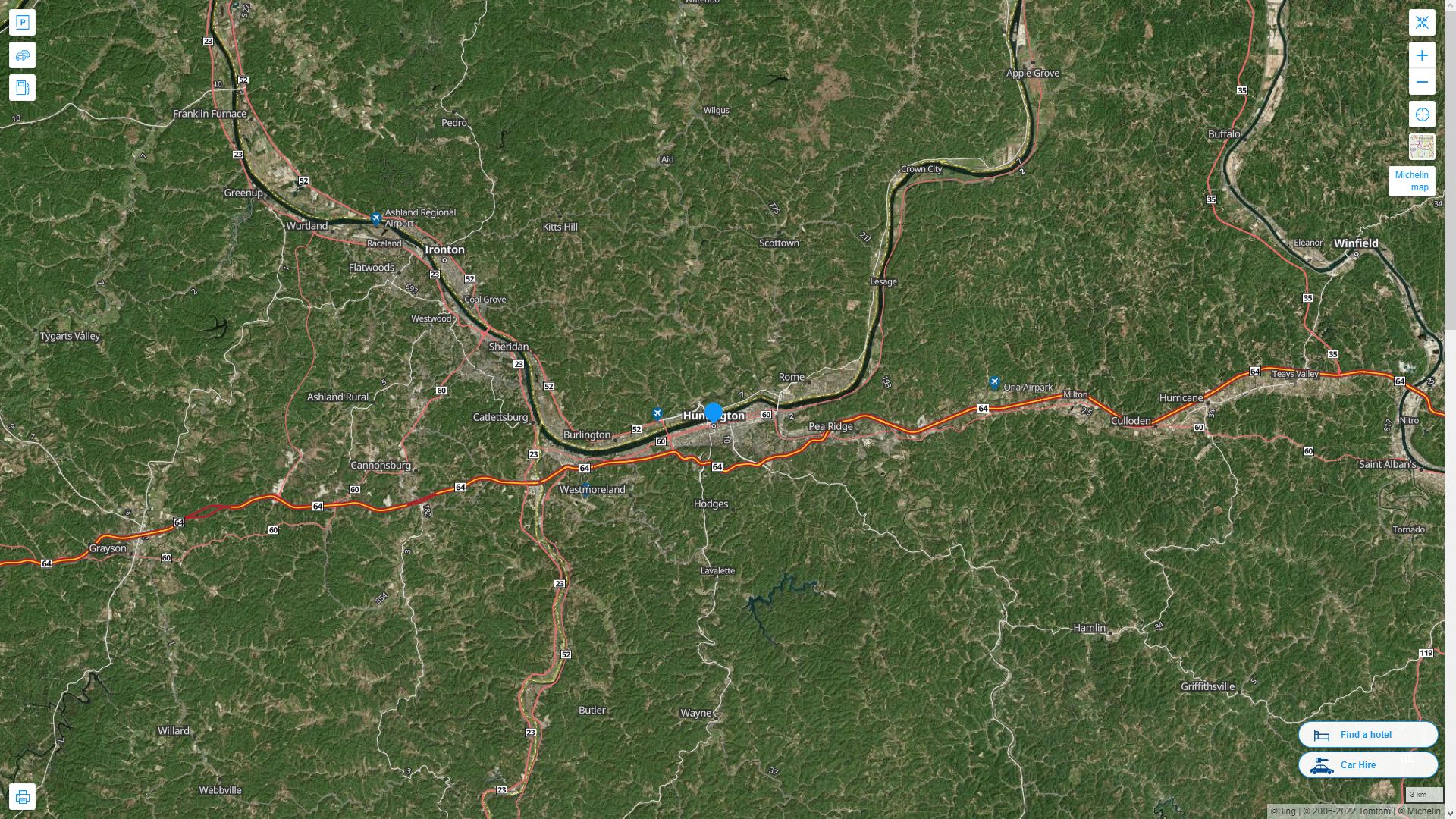 Huntington West Virginia Highway and Road Map with Satellite View